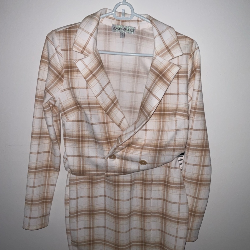 Almost Famous Plaid Skirt Set - White and Tan